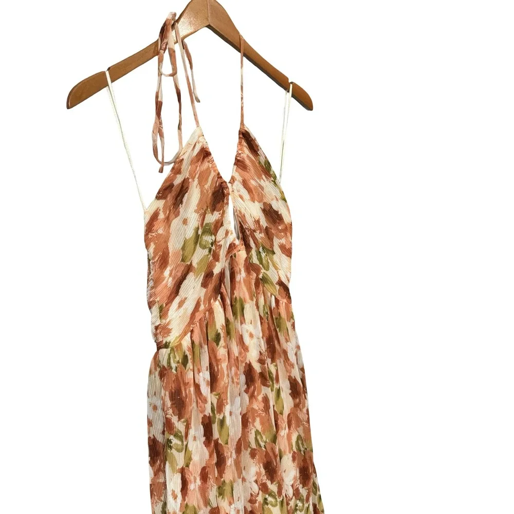 Abercrombie & Fitch Pleated Floral Halter Maxi Dress Size MT Orange Brown